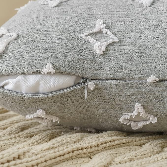 ANRODUO Pack of 2 Grey Boho Decorative Throw Pillow Covers with Tufted Rhombic Jacquard for Room Decor Boho Pillow Covers Decorations 18x18 Cute and Soft Pillowcase for Couch Sofa Bed and Living Room