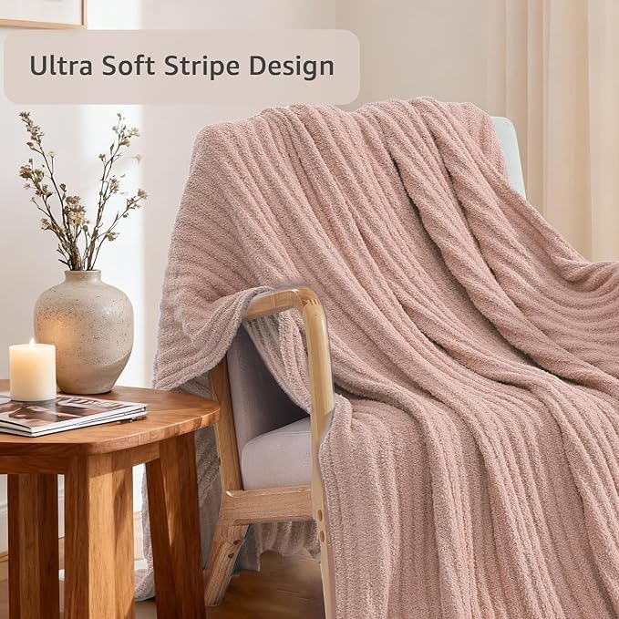 WRENSONGE Striped Throw Blanket, Pink Soft Cozy Fluffy Warm Hand Made Throw Blankets for Couch, Sofa, Chair, Bed, Camping, Picnic, Travel Lightweight Bed Blanket - 50"*60"
