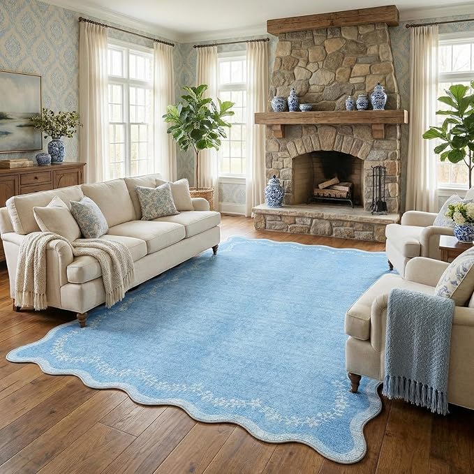 GarveeHome 5x7 Scalloped Area Rug Blue Washable Rugs for Living Room Bedroom, Soft Low Pile Non Slip Accent Floor Mat Solid Floral Print Throw Rug Indoor Carpet for Dorm Playroom