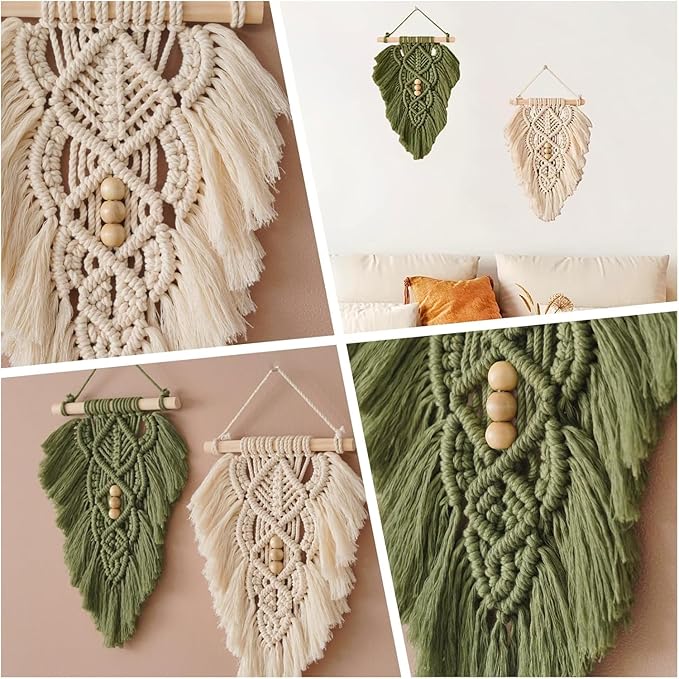 Jditngp 2PCS Hand Woven Leaf Wall Hanging,Leaf Tapestry Wall Hanging,Nordic Room Wall Feather Ornament,Boho Woven Tapestry Bohemian Home Decor for Living Room Bedroom or Entryway Wall Art Green White