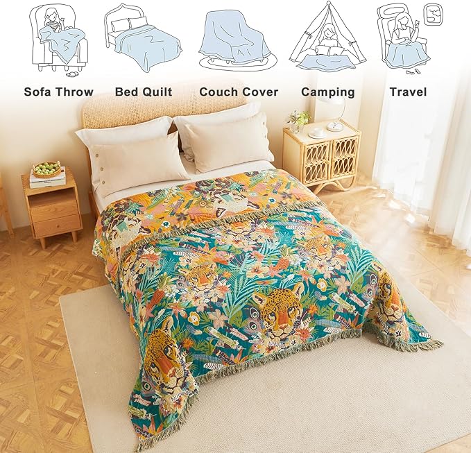 MSGKV Throw Blanket for Couch Cotton Leopard Animals Blanket 50"x60" Sofa Chair Blankets Muslin Spring Breathable All Seasons Lightweight Farmhouse Blankets Home Decor
