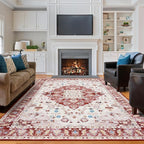 Amearea Vintage Design Area Rugs for Living Room, 5x8 Machine Washable Floral Collection Traditional Bedroom Rug, Low Pile Cute Kids Room Print Carpet, No Slip Office Kitchen Home Decor, Red