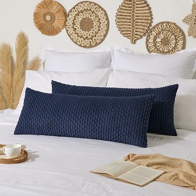 Kevin Textile 20x54 Inch Long Body Lumbar 1 Pack Boho Decorative Throw Pillow Cover Soft Striped Corduroy Rectangle Cushion Case Farmhouse Accent for Living Room Couch Sofa Bed, Navy Blue