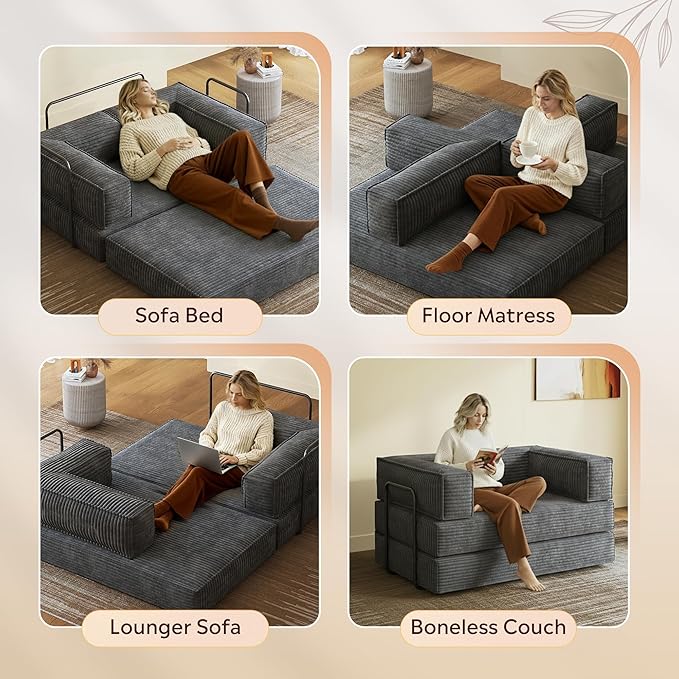 WLIVE 60'' Futon Sofa Bed, Convertible Sleeper Sofa, Folding Pull Out Couch Boneless Mattress with Fixed Frame, Corduroy, with Storage Pocket, Grey