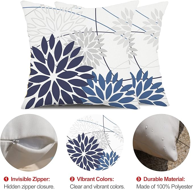 DFXSZ Blue Flower Pillow Covers 20x20 Inch Set of 2 Dark and Light Blue Colored Pillow Farmhouse Outdoor Waterproof Decor for Patio Funiture Garden Summer Floral Polyester Square Cushion Cover 01D20