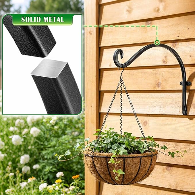 Hanging Plant Brackets Outdoor: 2 Pack 12 Inch Metal Plant Hangers Wall Hooks - Can Hold 50 Lbs Heavy Duty Outdoor Hooks for Hanging Bird Feeders, Flower Baskets, Lanterns, Wind Chimes