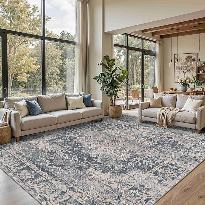 8x10 Area Rugs for Living Room Bedroom, Large Washable Rug, Blue Vintage Retro Boho Rug, Non Slip & Low Pile Faux Wool Thin Carpet for Indoor Dining Room and Kids Room(Blue 8x10ft)