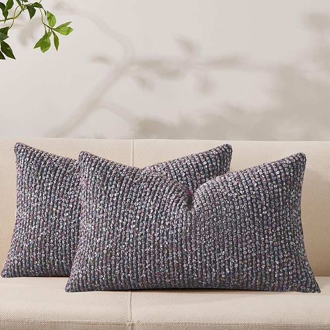 Decorative Couch Throw Pillow Covers 12x20 Set of 2 Purple Striped Soft Wool Pillow Covers Neutral Textured Boho Cushion Covers for Modern Farmhouse Sofa Bedroom Living Room Decor SY012-E12