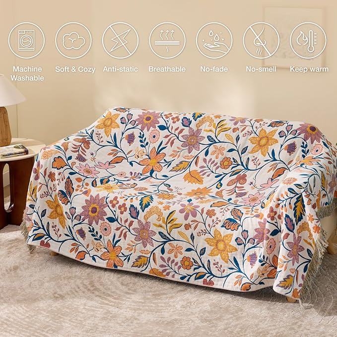100% Cotton Boho Throw Blanket for Home Decor – Classic Farmhouse Quilt Bedding, Muslin Blankets for Adults, Vintage Woven Decorative Blanket for Couch, Bed Layering Use, Botanic Floral, 60"x80"