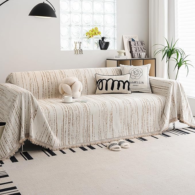 Chenille Couch Cover Pet Friendly, Sofa Cover Washable, Reversible Sofa Slipcover for Sectional Sofa, Loveseat, 2 or 3 Cushion Couch, Corner Sofa, Futon Cover (71" X 118", Khaki)