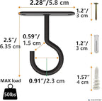 NACETURE Ceiling Hooks Heavy Duty 2 Pack - Plant Hooks for Ceiling Hanging Hook for Hanging Basket Hook, Light, Bird Feeders, Wind Chimes Décor Indoor & Outdoor (Black, 2.5 Inch 2 Pack)