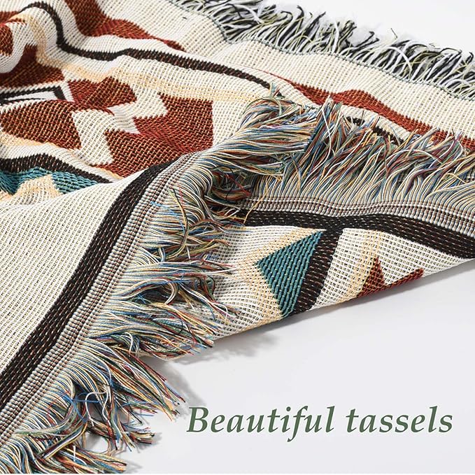 Snycler Boho Throw Blanket for Bed 50 * 60inch Woven Blanket Cotton Polyester Farmhouse Decor for Indoor Outdoor Sofa Bedroom Garden，All Season(White)