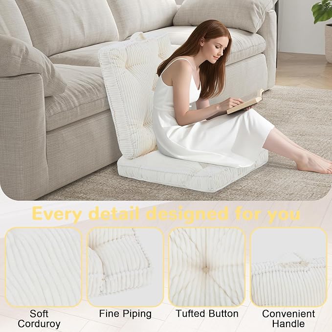 Floor Pillow, 22x22 Tufted Floor Cushion for Adults, Square Large Meditation Cushion Pillow, Corduroy Sitting with Handle, Yoga Seating for Tatami, Beige, 1Pack