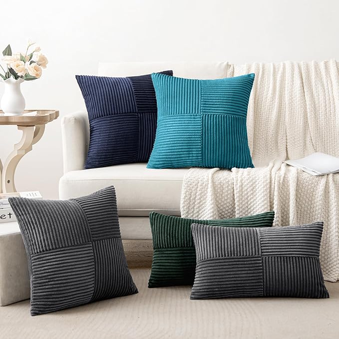 MIULEE Teal Decorative Throw Pillow Covers 18x18 Inch for Couch Bed Sofa Pack of 2 Boho Farmhouse Throw Pillows Soft Cross Corduroy Patchwork Textured Cushion Cases