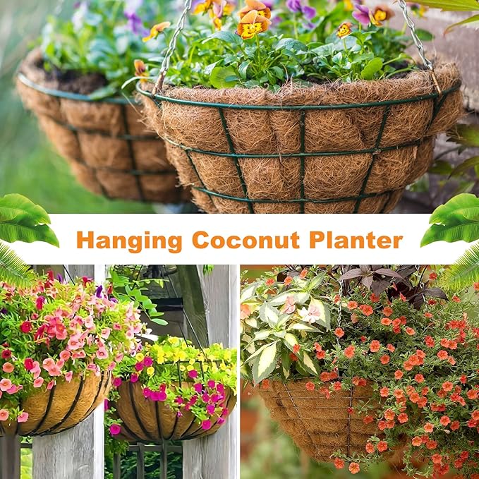 Riare 4 Pack 12 Inch Round Coco Liners Replacement, 100% Natural Coconut Coir Liners for Hanging Baskets, Garden Flower Vegetables Planter Pot, Window Box, Fence, Decks
