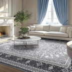 Lessymo 6x9 Bedroom Area Rugs- Machine Washable Area Rugs, Super Soft Faux-Wool Area Rug for Living Room, Boho Area Rug Vintage Floral Medallion Non-Slip Low Pile, Grey White