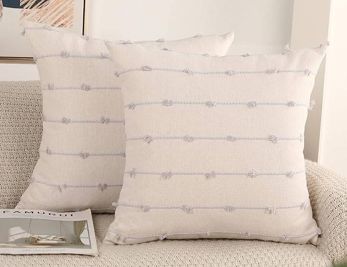 Set of 2 Boho Throw Pillow Covers 20x20,Stone Grey and White Neutral Couch Pillow Case with Tassel Fringe Decorative,Modern Accent Farmhouse Cushion Covers for Sofa Couch Bed Living Room