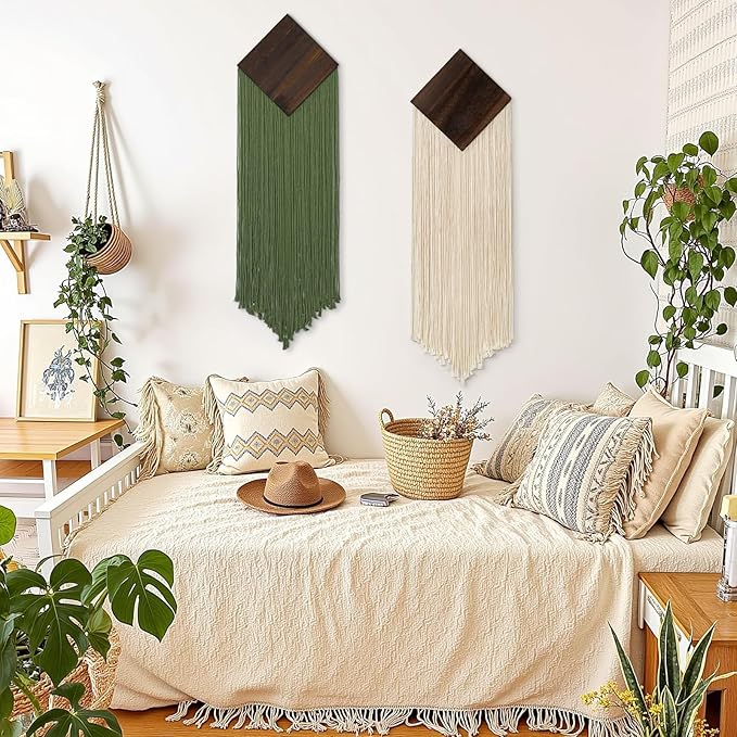 KHOYIME Macrame Wall Hanging Boho Chic Home Decor, 2PCS Bohemian Green Beige Vertical Tassel Yarn Tapestry Modern Farmhouse Wall Art Decorations for Living Room Bedroom Nursery Office 11''W x 36''L