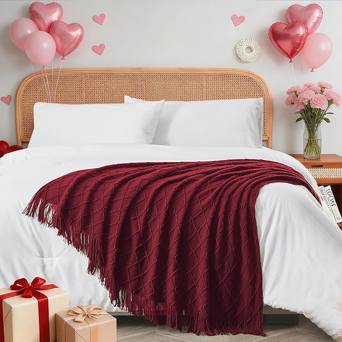inhand Claret Knitted Throw Blanket for Couch Bed, Mothers Day/Mom Birthday Gifts for Mom from Daughter Son, Soft Lightweight with Tassels, Farmhouse Warm Decorative Blanket for Women, 50"x60"