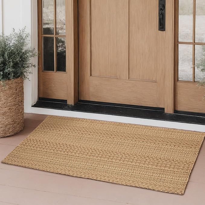 27.5"x43" Washable Outdoor Front Door Mat, Textured Natural Woven Low-Profile Patio Rug with Non-Slip Backing, Neutral Light Brown, for Porch, Entryway, Layering