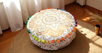 CRAFT KALA 24" Round Large Hippie Mandala Meditation Floor Ottoman Pillow Cushion Pouf Cover Square Poufs Bohemian Circle Floor Cushion Case Outdoor Fireplace Living Room Decor Cover White Gold Flower