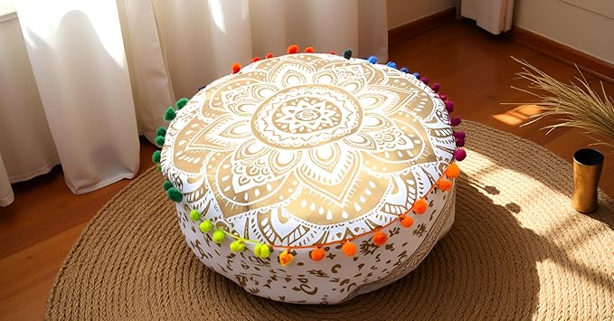 CRAFT KALA 16" Round Large Hippie Mandala Meditation Floor Ottoman Pillow Cushion Pouf Cover Square Poufs Bohemian Circle Floor Cushion Case Outdoor Fireplace Living Room Decor Cover White Gold Flower