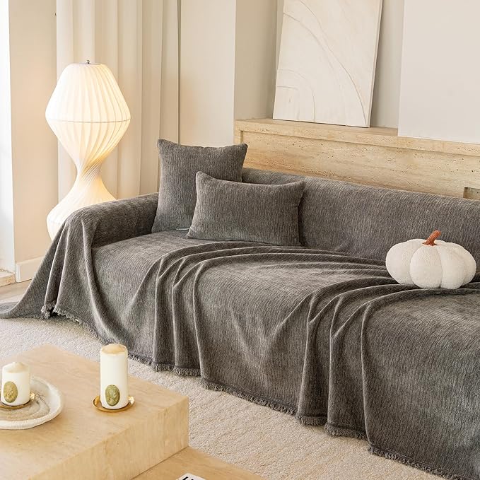 ROOMLIFE Sofa Cover, Boho Couch Cover for 3 Cushion Sofa, Non Slip Chenille Sofa Slipcovers for Dog, Washable Furniture Sofa Protector Cover with Tassel for Living Room, 71''X150”