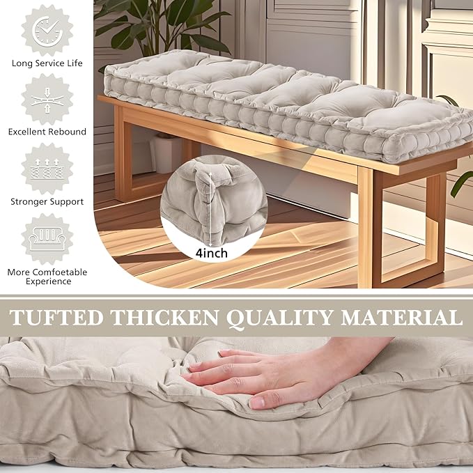 Bench Cushions for Indoor Furniture 42x16 in Velvet Kitchen Dining Piano Window Seat Cushion, Tufted Patio Porch Swing Thicken Bench Pad Memory Foam(Ivory White)