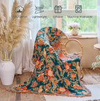 Boho Throw Blanket - 100% Cotton Ultra Soft Muslin Blanket, 50"x60" Lightweight Floral Bird Framhouse Bedding Spring Blanket for Bed, All Season Blue Bohemian Bedroom Home Decor Quilt