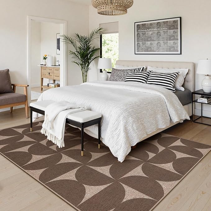 Lahome Modern Geometric Easy Jute Outdoor Rugs for Patio 5x7, Brown Washable Carpet for Living Room, Neutral Semi-Circle Thin Rug for Bedroom Office Entrance Porch Non Slip