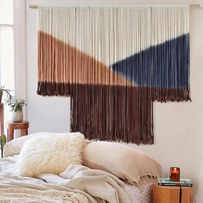 Jakalin Macrame Wall Hanging Geometric Boho Tapestry Dip Dyed With Modern Shapes, 57" W x 39" L Macrame Wall Art for Living Room or Bedroom Decor