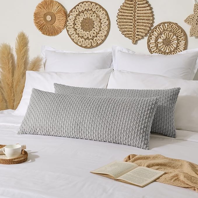 Kevin Textile 14x36 Inch Long Lumbar 1 Pack Boho Decorative Throw Pillow Cover Soft Striped Corduroy Rectangle Cushion Case Farmhouse Solid Color Accent for Living Room Couch Sofa Bed, Light Grey