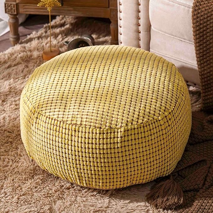 SUTAVIA Pouf Ottoman Cover Unstuffed Pouf Seat Decorative Soft Storage Bean Bag 20x20x8 Inches Floor Footrest for Living Room Bedroom (Yellow, Round)