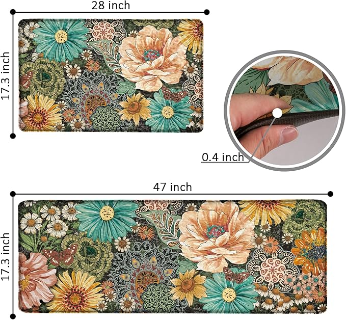 Boho Floral Kitchen Mats for Floor 2PCS Anti Fatigue Mats for Kitchen Floor Cushioned Non Slip Waterproof Memory Foam PVC Kitchen Rugs Set for Sink,Office,Laundry 17.3"x28"+17.3"x47"