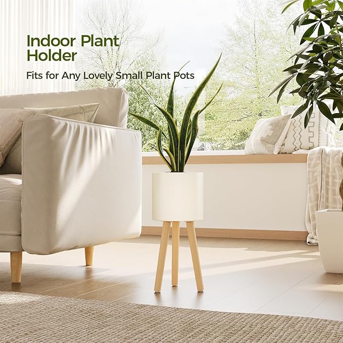 Bamworld Single Plant Holder for Indoor Plants Metal Planter Stand Wooden Leg White Plant Stand Indoor Flower Pot Stand Plant Pot with Stand for Living Room Office Bedroom Decor Modern Home Decor