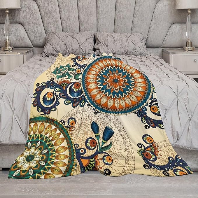 Bohemian Flower Throw Blanket Boho Mandala Floral Flowers Print Pattern Blanket for Sofa Bed Couch Chair Or Dorm 30"x40"