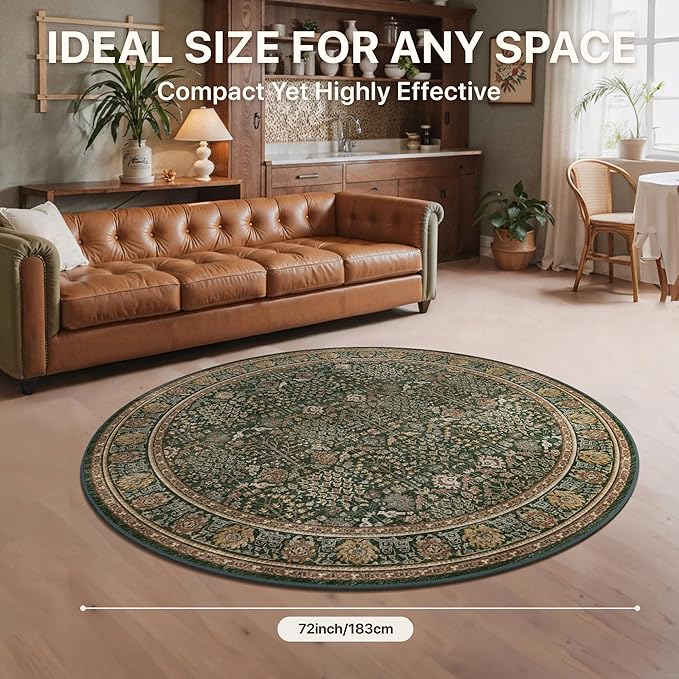 Bavni Round Rug 6ft-Machine Washable Area Rugs Non-Slip for Bedroom, 6x6 Vintage Floral Rug Distressed Throw Carpet for Living Room Nursery Kitchen Bathroom, Dark Green/Multi
