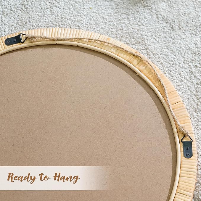 Rattan Wall Mirror - 20" Boho Round Bathroom Mirror Decorative Farmhouse Circle Mirror for Vanity Entryway Living Room Wall Decor