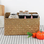 Hipiwe Seagrass Storage Basket Bin Rectangular Handwoven Wicker Storage Box with Handle Opened Baskets Box for Shelf Organizing Closet Bathroom, Caramel, Medium