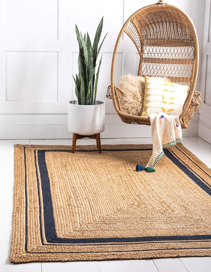 Unique Loom Braided Jute Collection Classic Quality Made Natural Hand Woven with Coastal Design Area Rug (6' 0 x 9' 0 Rectangular, Natural/ Navy Blue)