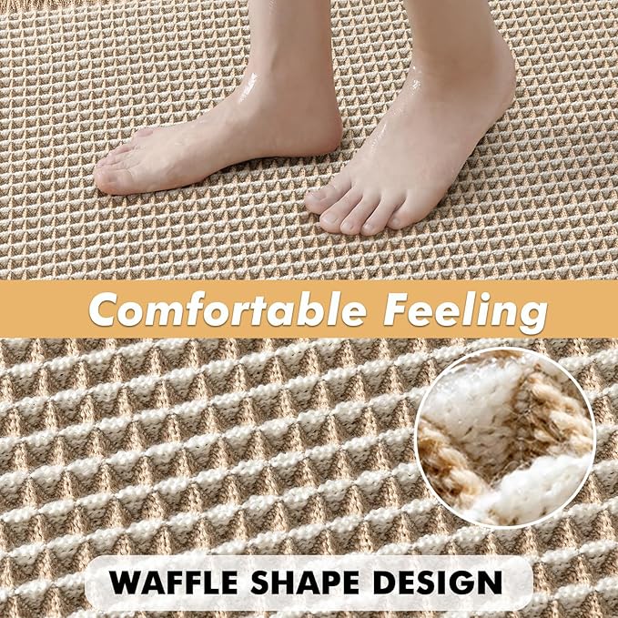 MIULEE Set of 2 Waffle Bathroom Rugs, Boho Bath Rugs Non Slip Washable, Super Absorbent Bath Mats, Ultra Soft Rubber Backed Shower Mats for Bathroom Floor, Tub, Brown & White, 17"x24"+18"x30"