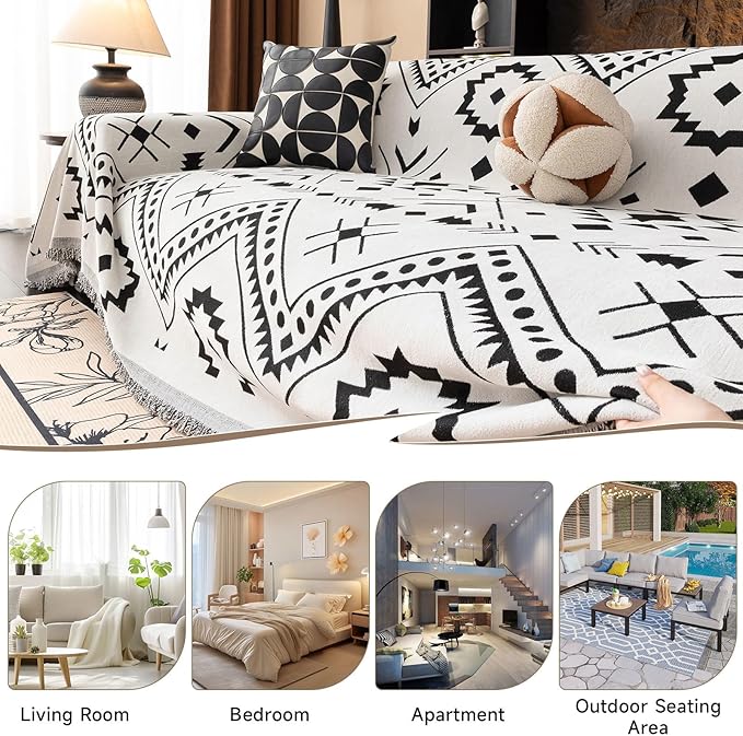 VClife Bohemian Couch Cover Aztec Geometric Chenille Sofa Cover for Sectional Couch - Black and White Zigzag Pattern Sofa Slipcover for 2 Cushion Couch Sofa 71" X 118"