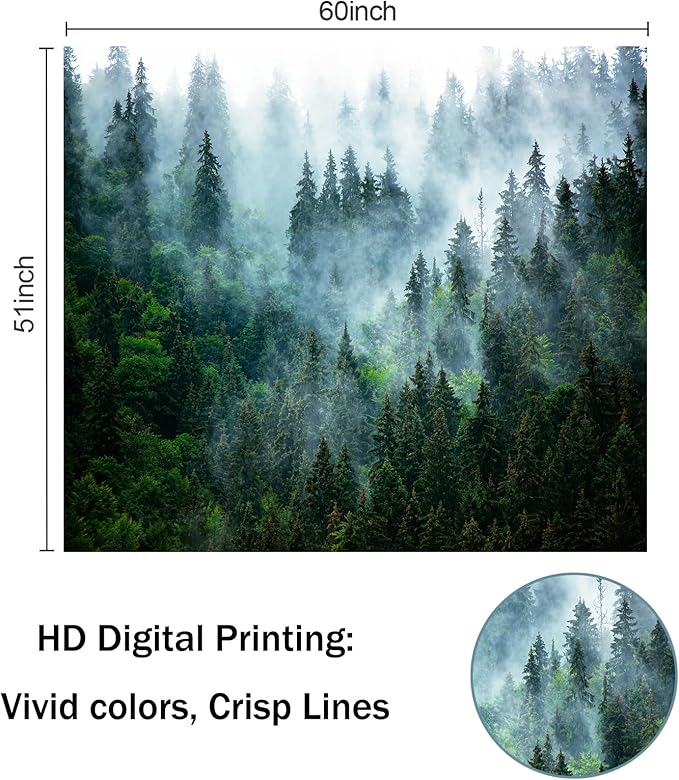Atrippy Misty Forest Tapestry for Bedroom, Nature Mist Foggy Landscape Wall Tapestry Hanging, Green Trees Wall Art Vintage Retro Room Decor for Living Room College Dorm 51x60 Inches