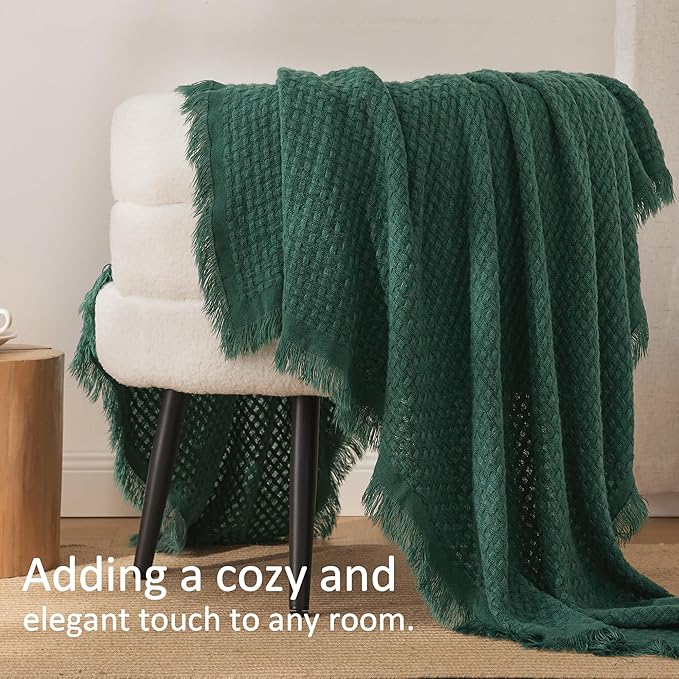 Exclusivo Mezcla Knit Throw Blanket with Fringes for Couch, Reversible Super Soft and Warm Woven Boho Throw for All Season, Home Decor, 50"x60", Forest Green