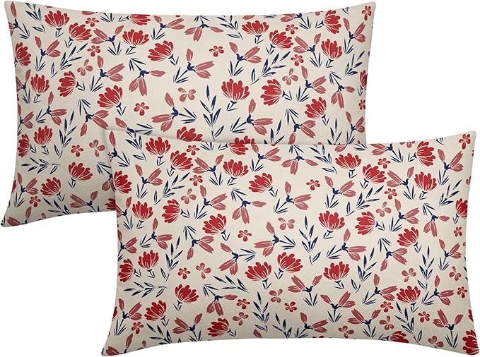 4th of July Floral Pillow Covers 12x20 Set of 2 Rustic Old Style Navy Blue Red Flower Print Rectangle Decorative Outdoor Pillowcases Patriotic Farmhouse Throw Cushion Case Decor for Couch Sofa Bed