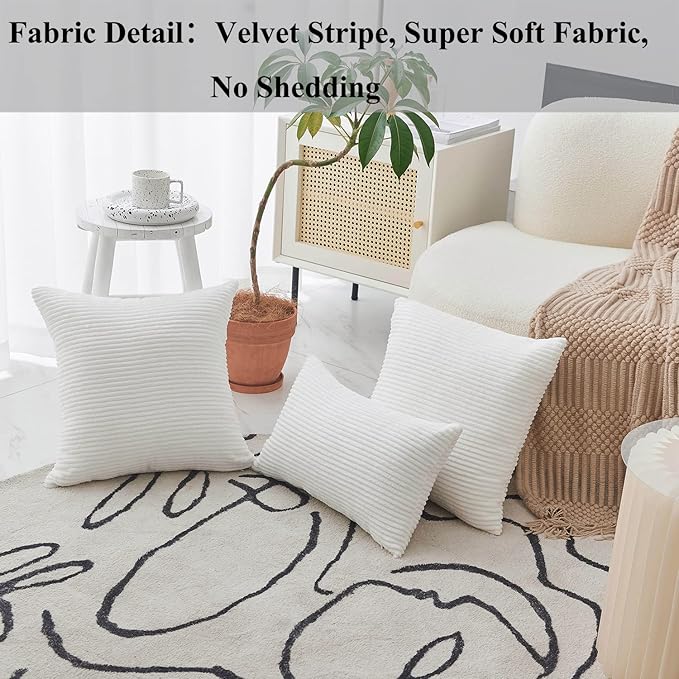 Home Brilliant Pillow Covers 18x18 Striped Corduroy Velvet Cushion Covers Set of 2 Square Decorative Pillowcase, 18 x 18 inch, Creamy White