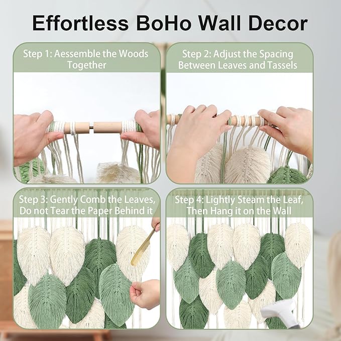 Macrame Wall Hanging Boho Wall Tapestry Handmade Woven Leaf Wall Decor Crochet Wall Art for Home Office Apartment (Green, 39.4" W x 31.5" L)