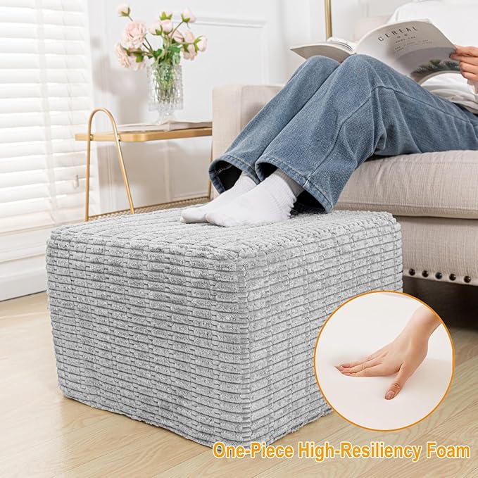 Asuprui Round Square Pouf Ottoman Foot Rest – Lightweight Modern Footstool with Plush Foam Filling, Perfect for Living Room Decor & Cozy Comfort – 20x20x14 Inch Chic Accent Piece (Light Gray)