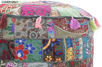 KLAVATE Ganesham Indian Hippie Vintage Cotton Floor Pillow & Cushion Patchwork Bean Bag Chair Cover Boho Bohemian Hand Embroidered Handmade Pouf Ottoman (Grey, 13 H X 18 Diam.(Inch))