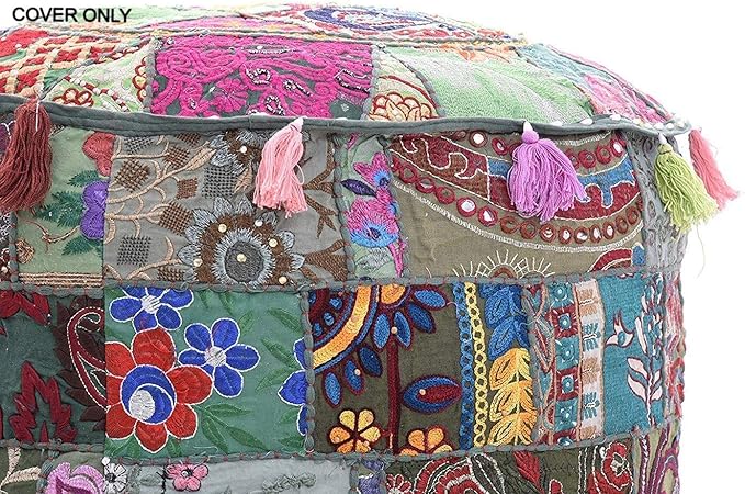 KLAVATE Ganesham Indian Hippie Vintage Cotton Floor Pillow & Cushion Patchwork Bean Bag Chair Cover Boho Bohemian Hand Embroidered Handmade Pouf Ottoman (Grey, 13 H X 18 Diam.(Inch))